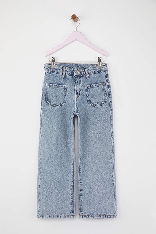Açık Mavi Kız Çocuk 100% Pamuk Ayarlanabilir Lastikli Kız Çocuk Denim Jeans TKDAW26JE00007 - 2