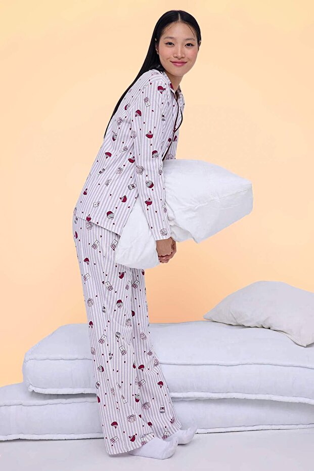 Teen Lila-Çok Renkli %100 Pamuklu Kalpli Eğlence Desenli Biyeli Örme Pijama Takımı THMAW26PT00039 - 1