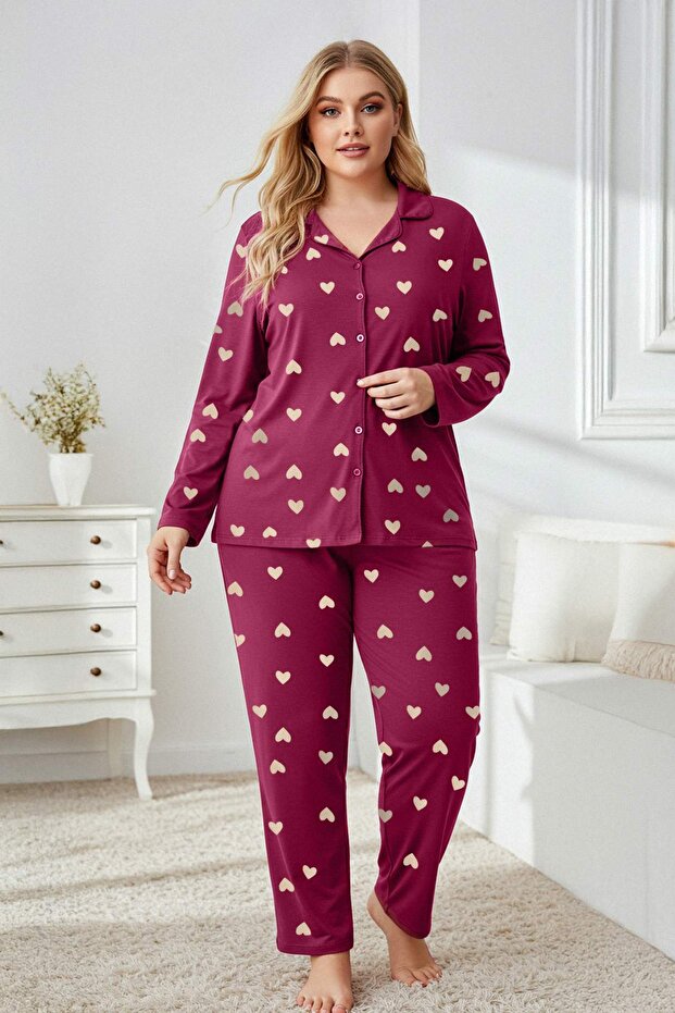 Vişne Kalpli Gömlek Yaka Örme Pijama Takımı TBBAW23AI00019 - 1