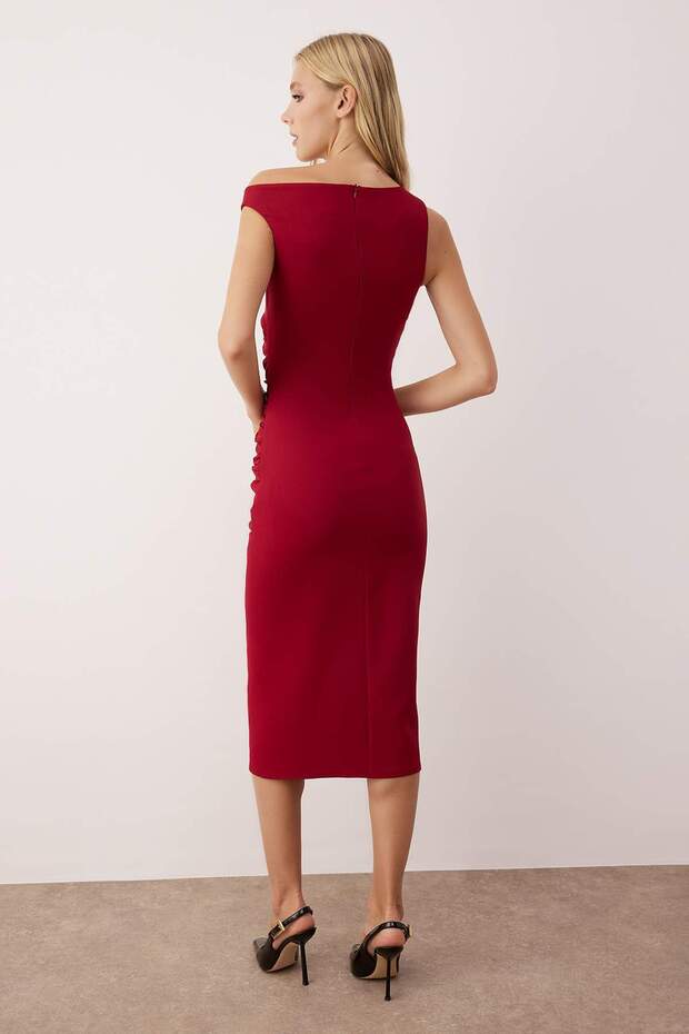 Bordo Düz Vücudu Saran Büzgü / Drape Midi Dokuma Elbise TWOSS25EL00264 - 4