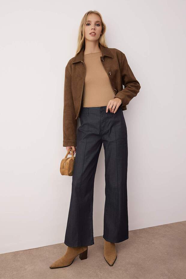 Koyu Mavi Nervür Detaylı Yüksek Bel Comfort/Esnek Wide Leg Jeans TWOAW26JE00140 - 1