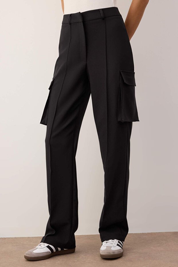 Siyah Kargo Straight/Düz Kesim Dokuma Çift Cepli Dokuma Pantolon TWOAW22PL0343 - 3