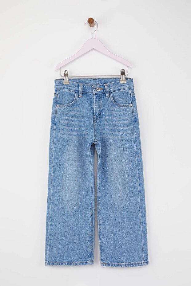 Mavi 100% Pamuk Ayarlanabilir Lastikli Düz Kız Çocuk Flare Denim Jeans TKDAW26JE00006 - 2