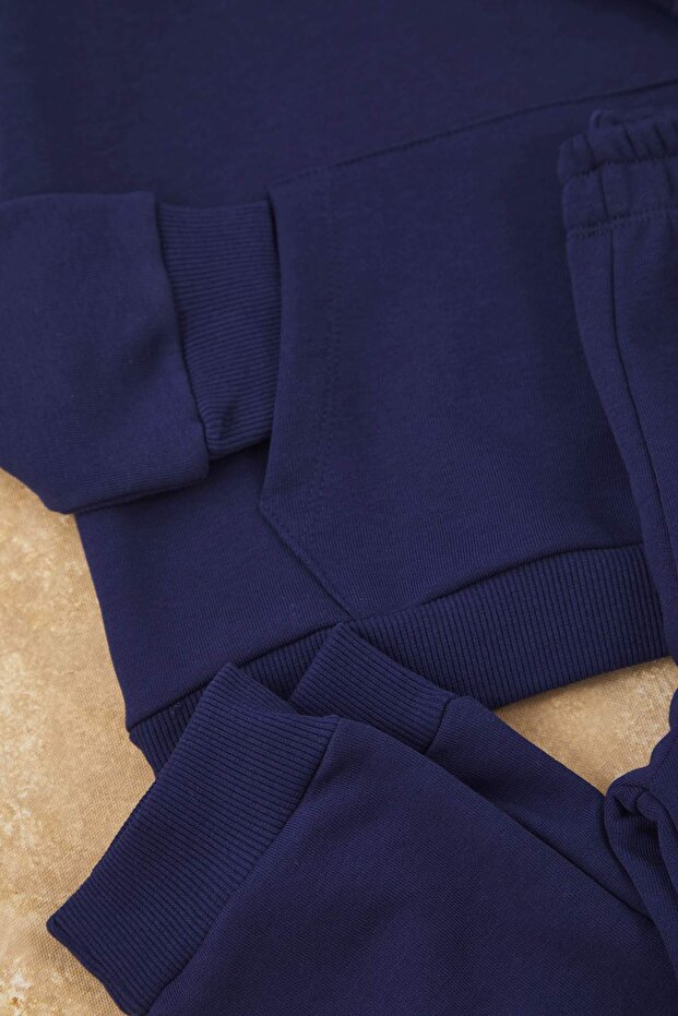 Lacivert Pamuklu Kapüşonlu Polo Yaka Oversize Örme Erkek Çocuk Alt - Üst Takım TKDAW26AU00009 - 3