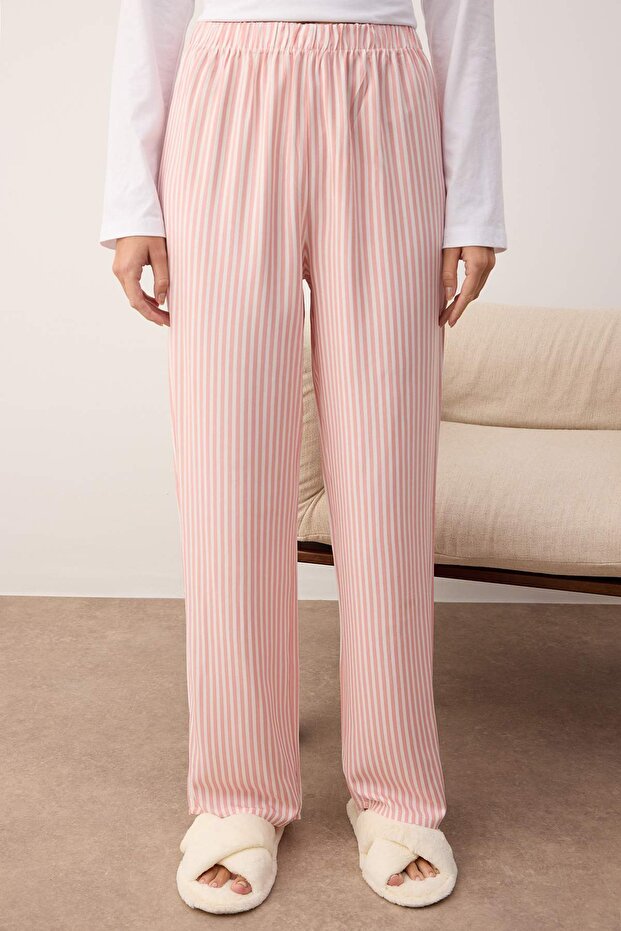 Pembe-Mavi 2'li Paket Ekoseli ve Çizgili Viskon Dokuma Pijama Altı THMAW24PJ00010 - 6