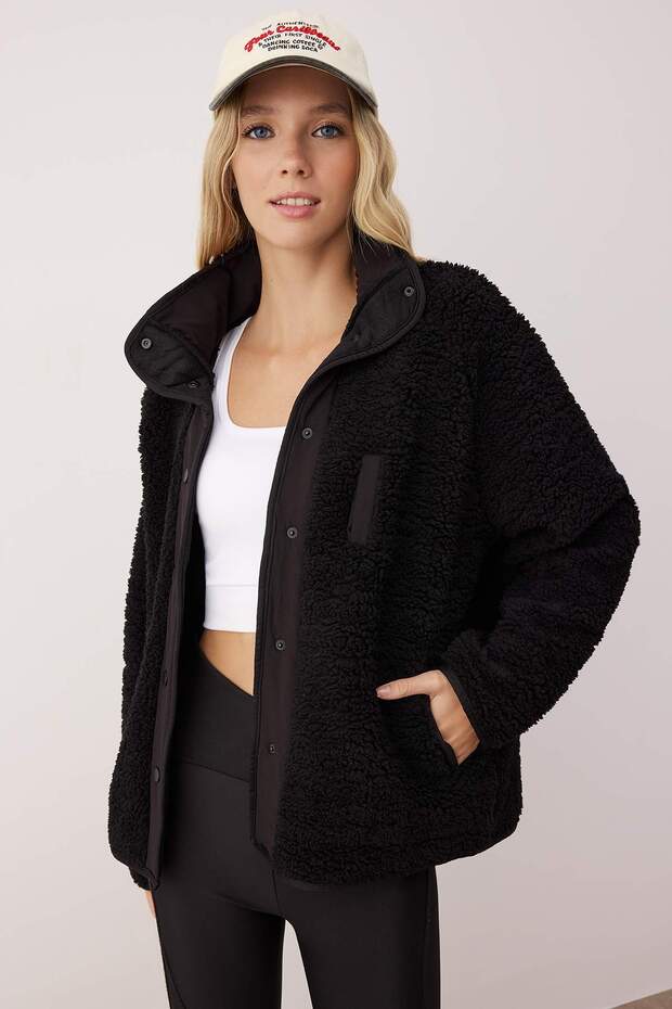 Siyah Oversize Peluş Örme Spor Ceket THMAW26SK00002 - 2
