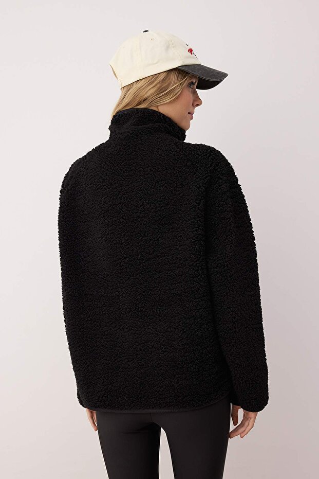 Siyah Oversize Peluş Örme Spor Ceket THMAW26SK00002 - 5