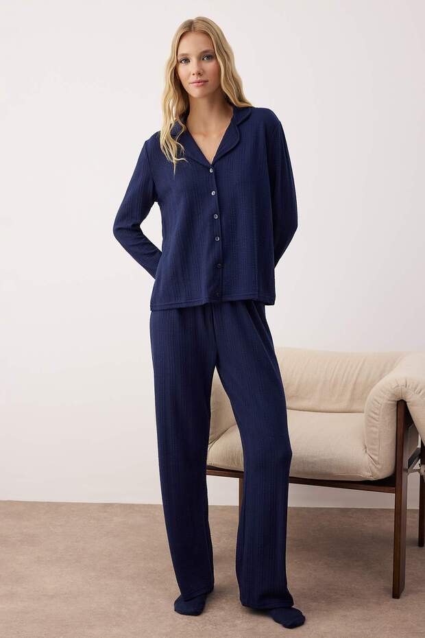 Lacivert Dokulu Fitilli Yumuşak Tuşe Kışlık Örme Pijama Takımı THMAW26PT00093 - 3
