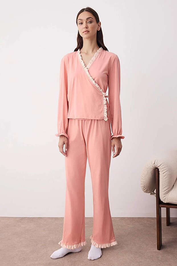 Salmon 100% Cotton Ruffled Double-Breasted Collar Knitted Pajama Set THMAW26PT00002