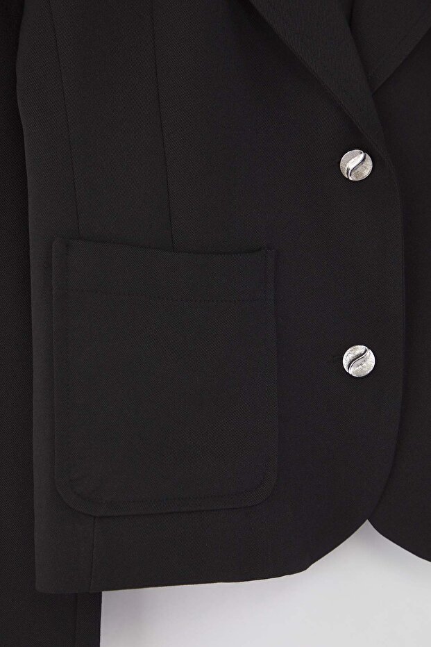 Siyah Aksesuar Düğmeli Cepli Fitted/Bele Oturan Dokuma Blazer Ceket TWOAW26BC00007 - 6