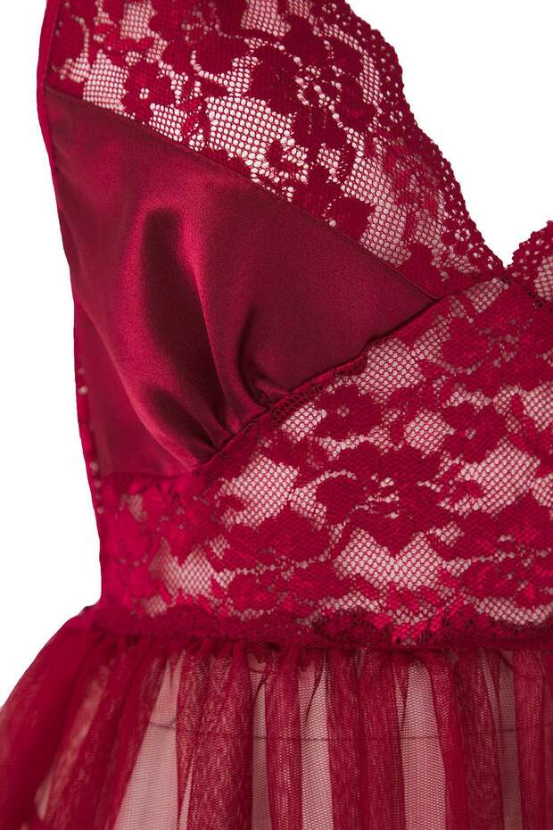 Bordo Kapsız Dantelli Tül/Mesh Askılı Külotlu Babydoll/Fantezi Gecelik THMAW26CY00001 - 8