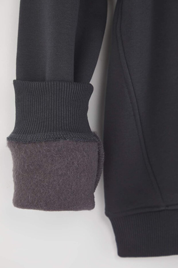 Antrasit Regular/Normal Kesim Dik Yaka Fermuarlı Pamuklu Geyik Nakış Sweatshirt TMNAW24SW00041 - 8