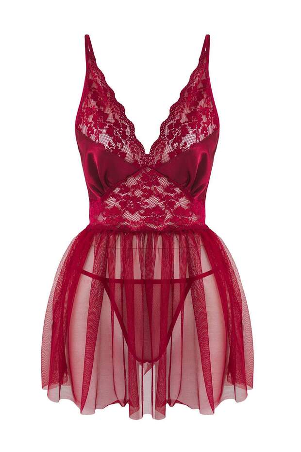 Bordo Kapsız Dantelli Tül/Mesh Askılı Külotlu Babydoll/Fantezi Gecelik THMAW26CY00001 - 5