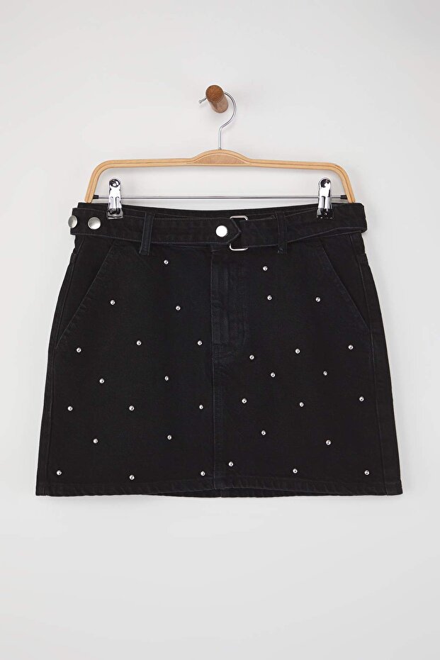 Siyah Aksesuar Detaylı Mini Denim Etek TWOAW26ET00075 - 5