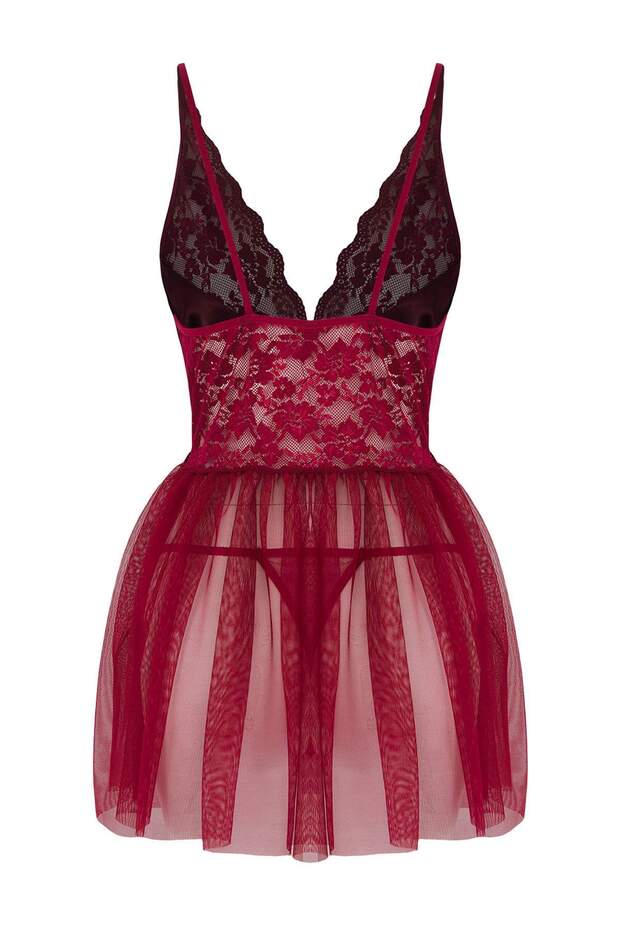 Bordo Kapsız Dantelli Tül/Mesh Askılı Külotlu Babydoll/Fantezi Gecelik THMAW26CY00001 - 9