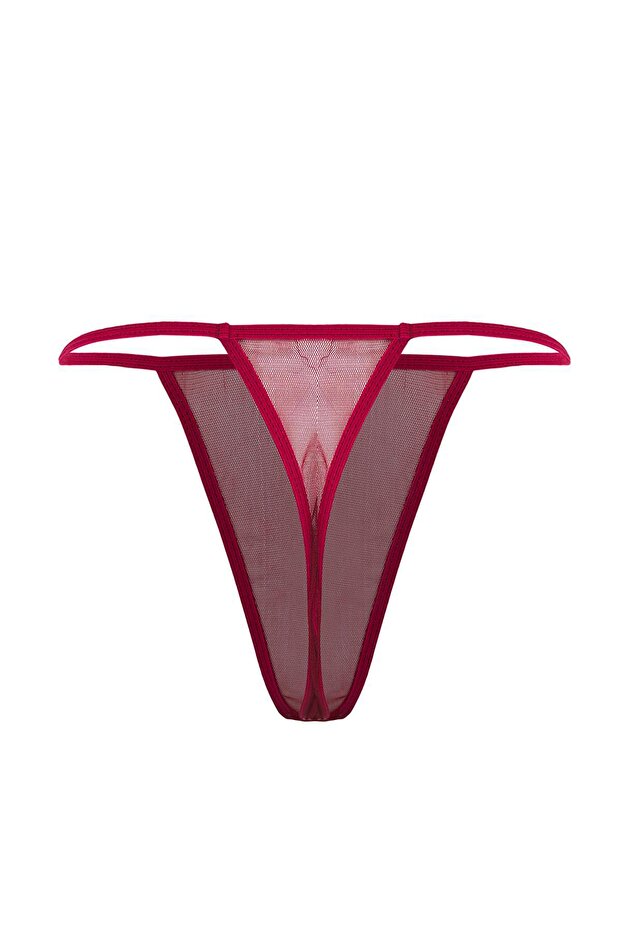 Bordo Kapsız Dantelli Tül/Mesh Askılı Külotlu Babydoll/Fantezi Gecelik THMAW26CY00001 - 7