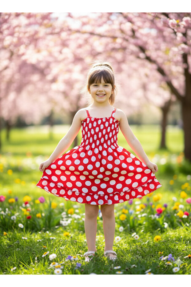 Girl's Gipeli Strap Ruffle Polka Dot Lycra Combed Cotton Dress