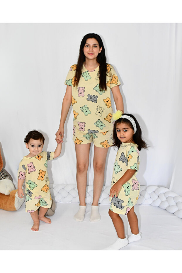 ANNE BEBEK PİJAMA TAKIMI KOMBİN SARI HARİBO DESEN KISAKOL ŞORT (TEK TEK SATILMAKTADIR) - 5