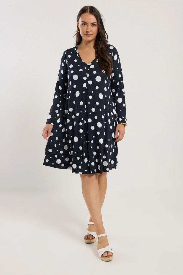 Women's Plus Size Navy Blue, Polka Dot Pattern, Front Pleat Detail, Long Sleeve Viscose Dress 65N39002