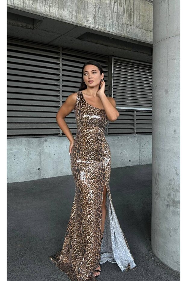 Women's the Flintstones Style One Shoulder Slit Sequin Fabric Zippered Long Evening Dress Mink