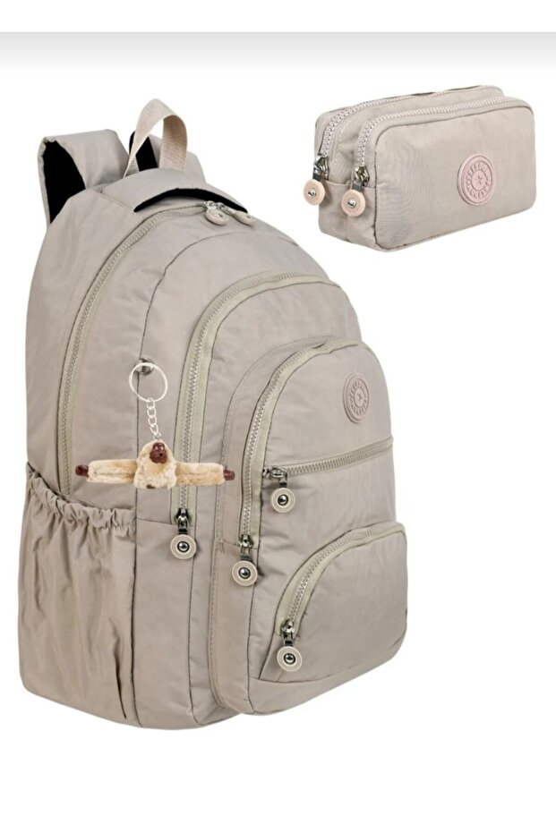 Set of 2 Luxury Crinkle Fabric High School and Middle School Backpack + Pen Holder, with Monkey Keychain Gift