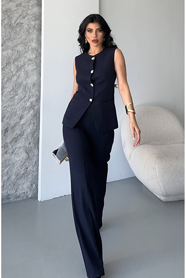 Women's Designer Buttoned Vest Pants Set Navy