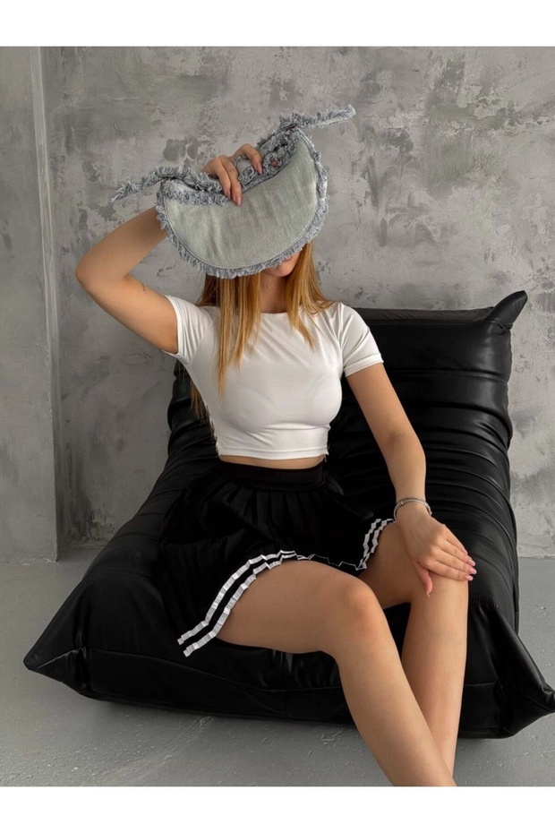 Women's High Waist Double Stripe Pleated Tennis Skirt with Pockets - Black