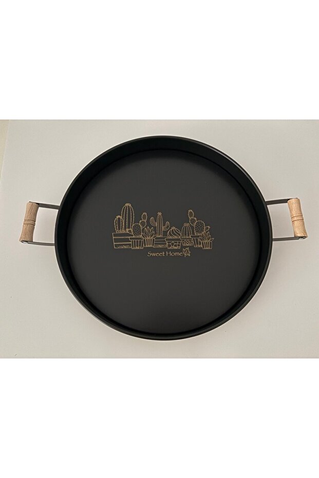 Black Metal Tray with Wooden Handles