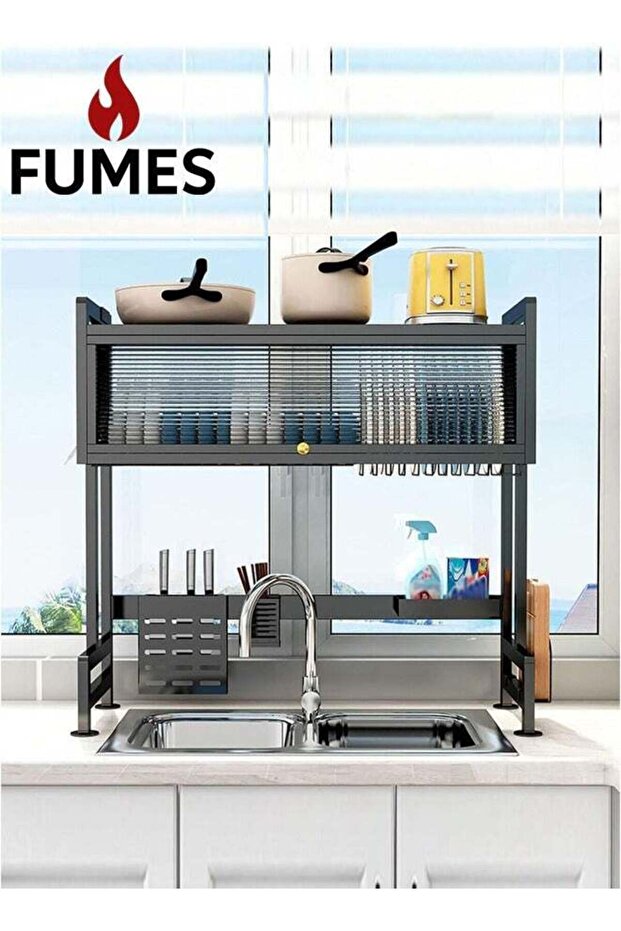 Over-Sink Kitchen Rack with Space-Saving Dish Drying and Storage Organizer with Utensil Hooks