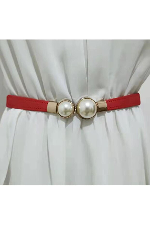 Pearl Detailed Thin Belt with Elastic Back Dress Belt Shirt Belt Coat Belt
