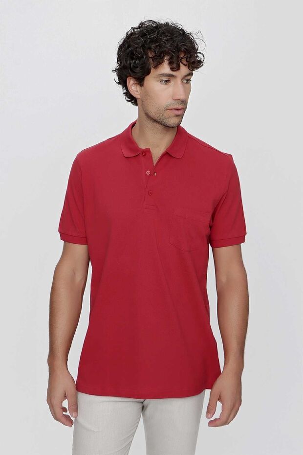 Men's Red Basic Plain 100% Cotton Oversize Wide Cut Short Sleeve Polo Neck T-Shirt