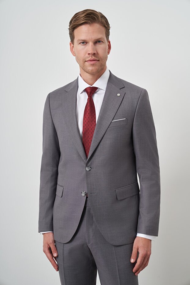 Men's Gray Polyviscose Slim Fit Mono Collar Suit