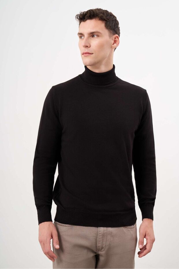 Erkek Siyah Basic Balıkçı Yaka Dynamic Fit Rahat Kesim Triko - 3