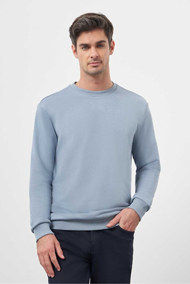 Erkek Mavi Basic Bisiklet Yaka Sweat-Shirt - 1