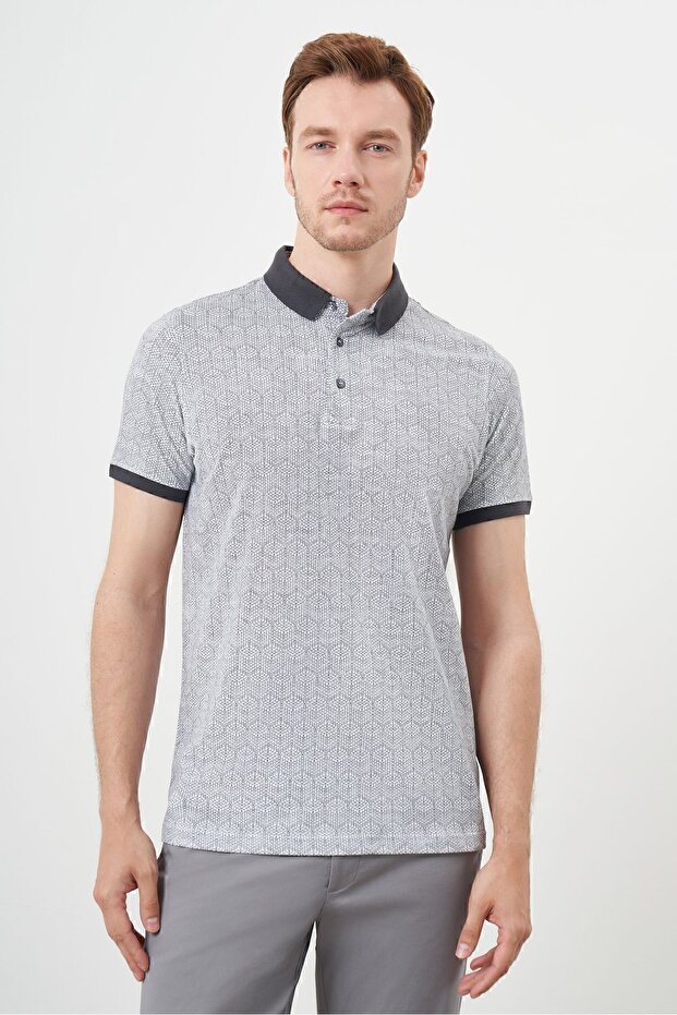 Men's Anthracite Trend Compact Rotation Print Pique Polo Neck T-Shirt