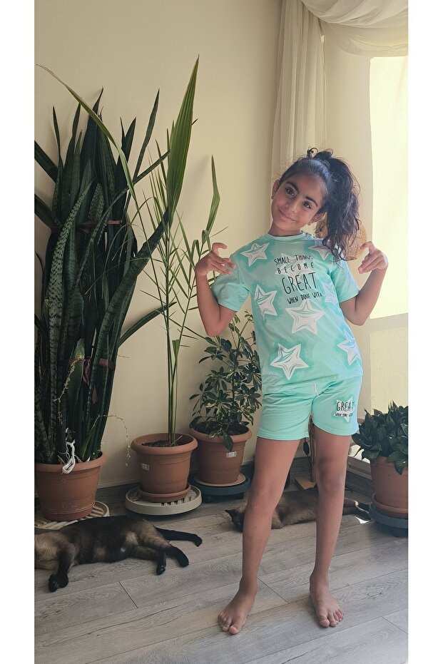 Girl's Shorts Suit Starry Salmon, Green, Lilac