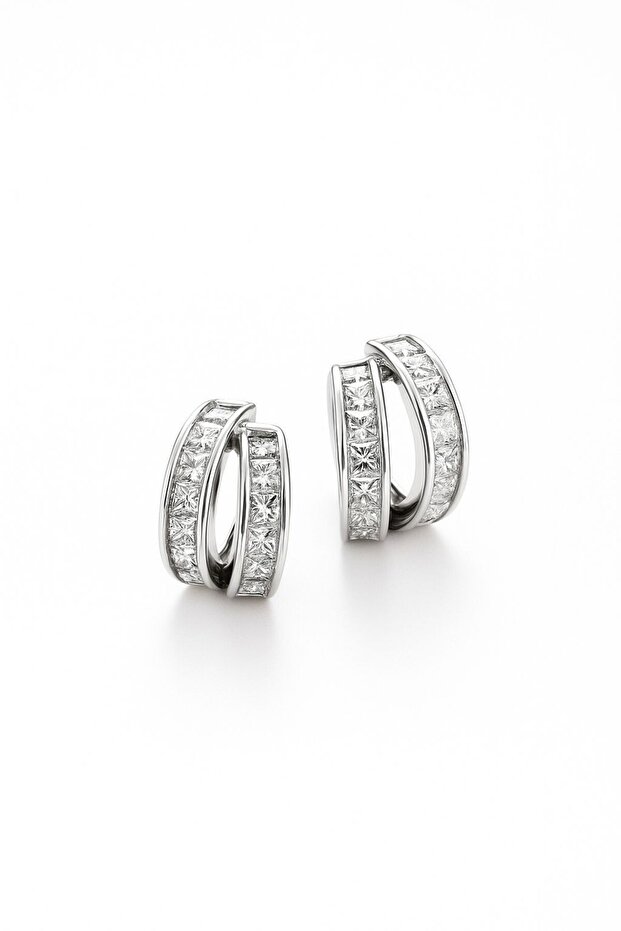 Steel Silver Double Row Fitted Stone Luve Earrings -No Tarnishing-