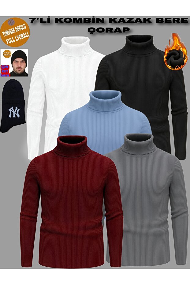 7-Piece Combination Men's Turtleneck Sweater Beanie and Socks