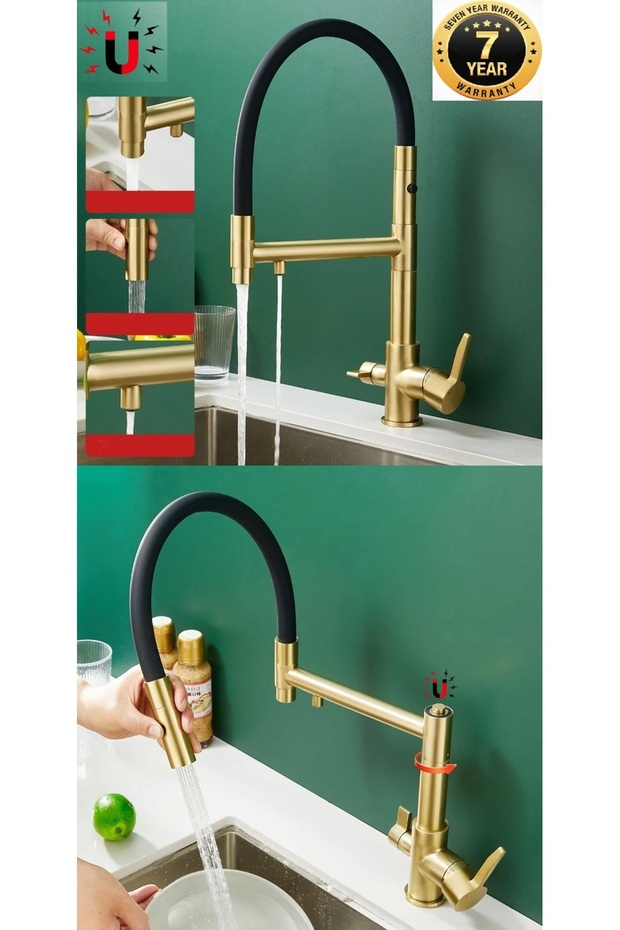 Kitchen Sink Faucet with Dual Flow Water Purification Outlet, Magnetic Spiral, 2 Flow Modes, Matte Gold Color, 7 Years Warranty, Imported