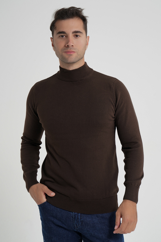 Brown Men's Cotton Half Turtleneck Knitwear Sweater Trist-1104