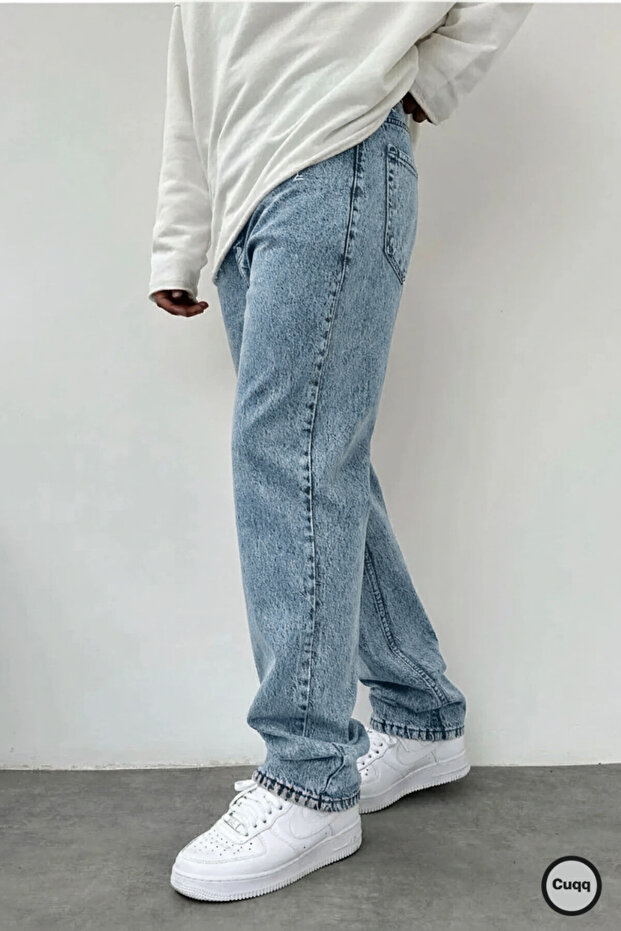 Men's Acid Wash Ice Blue Wide Leg Jeans Baggy Pants