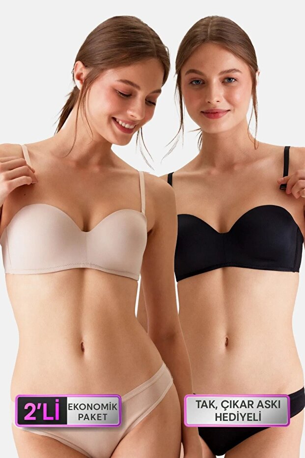 Pierre Cardin 2'li Ekonomik Paket Siyah-ten 6800 Ales Ultra Hafif Bütün Kap Dolgusuz Micro Straplez Sütyen Set