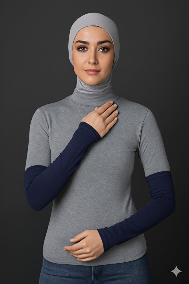 Women's Hijab Combed Cotton Prayer Sleeves Plain 1 Pair Navy Blue