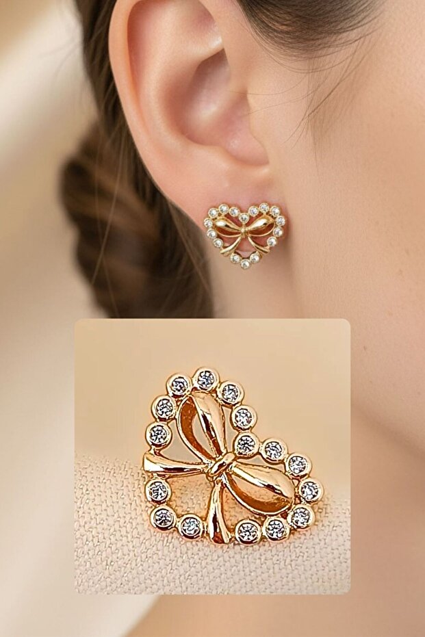 Rose Gold Zircon Stone Embellished Heart Bow Shaped Minimalist Modern Earrings