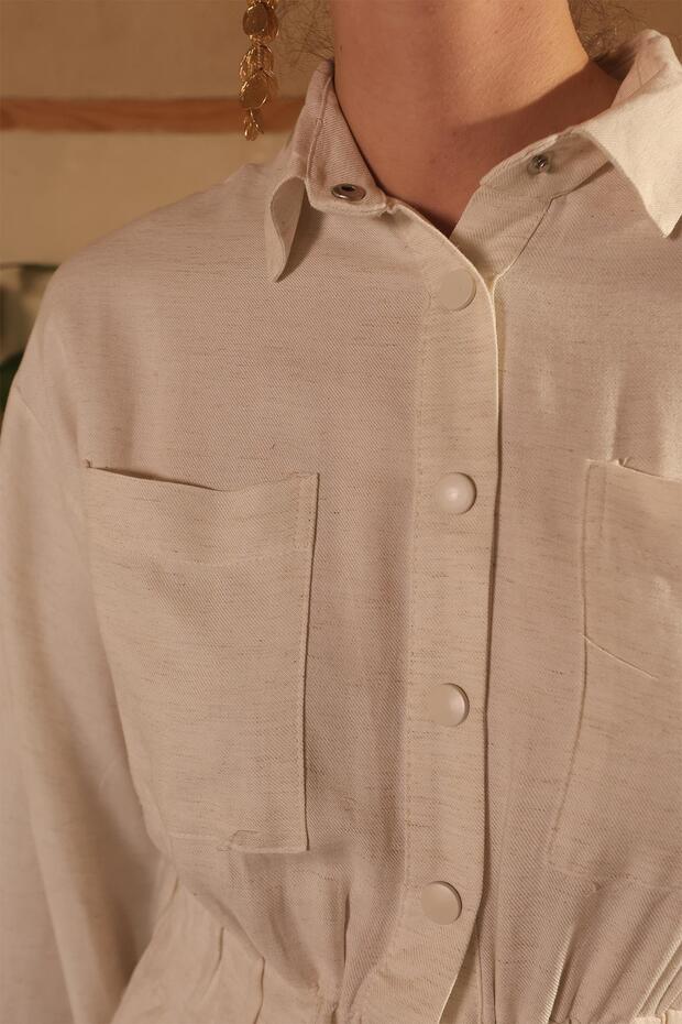 BÉŽOVÉ Lněné šaty - Sukně a elastický pas 9287-E - 6