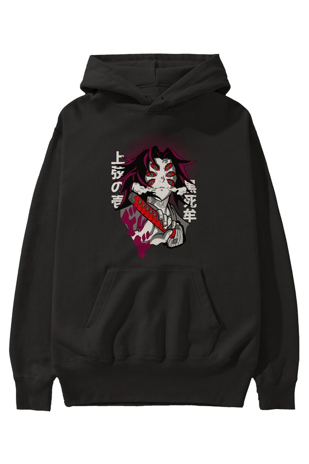 kokushibo DEMON SLAYER Anime Front Printed Black Hoodie Oversize Hooded Sweatshirt Men Women