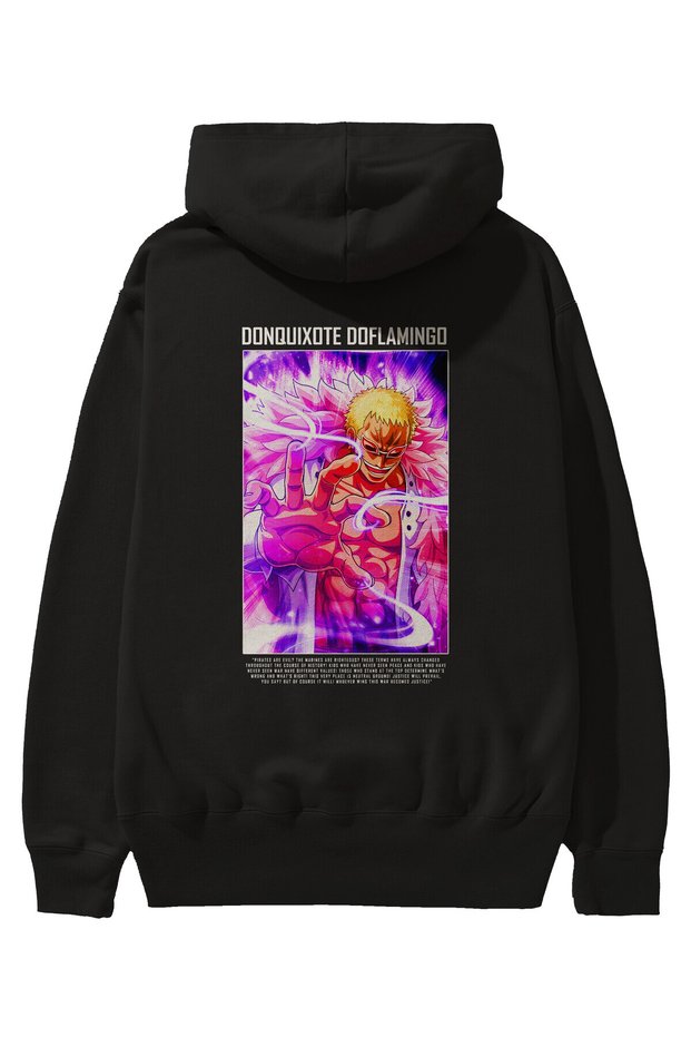 Doflamingo Anime Back Printed Black Oversized Hooded Sweatshirt for Men and Women