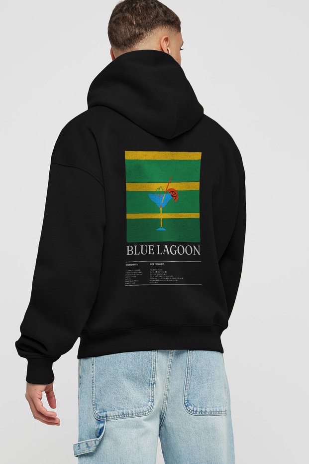 Blue Lagoon Cocktail Back Printed Black Hoodie Oversized Hooded Sweatshirt Men Women