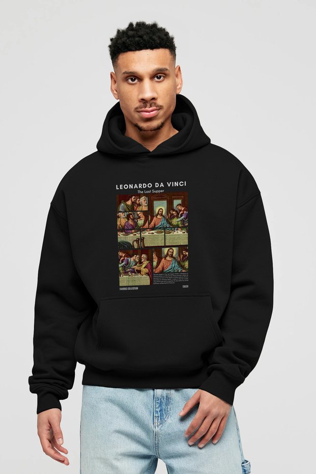 Leonardo Da Vinci Front Printed Black Hoodie Oversize Hooded Sweatshirt Men Women