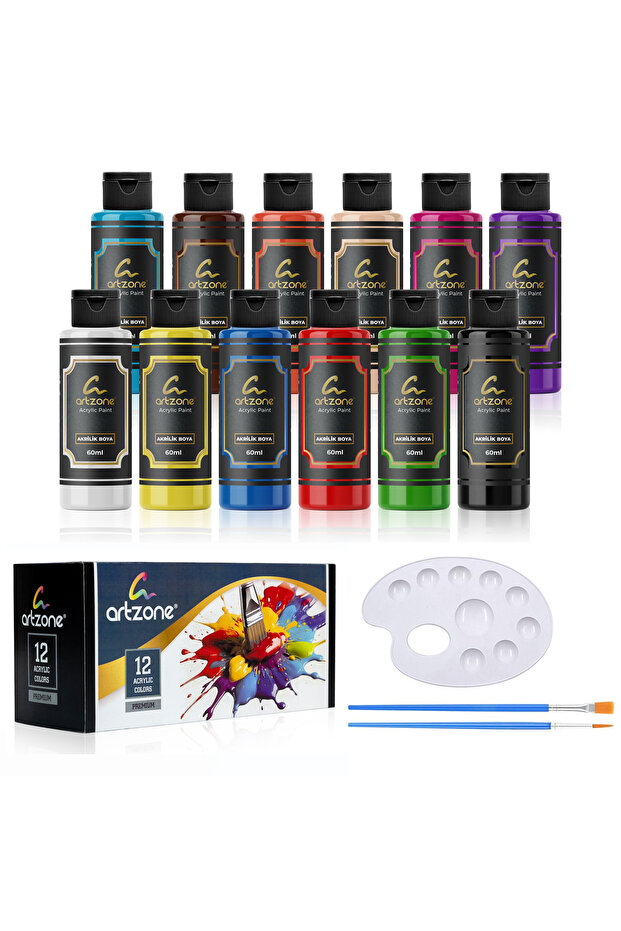 Akrilik Boya Seti 12 Renk x 60ml. Fırça ve Palet Hediyeli - 1